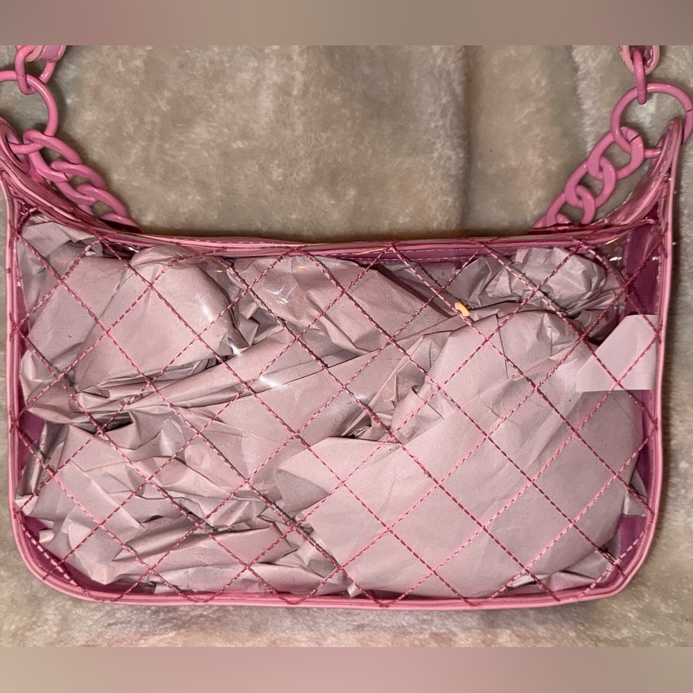 Steve Madden Clear Bubble Gum Pink Quilted Shoulder Crossbody Bag Matching Chain - Picture 2 of 16